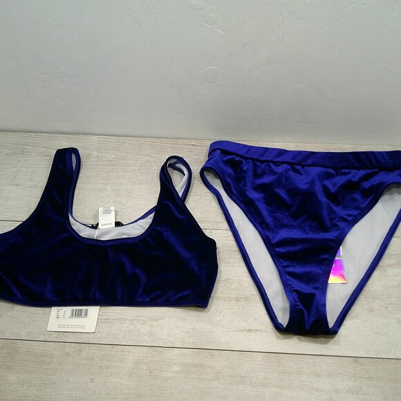 NWT Deep Blue Velvet High Leg Brief Bottoms | Scoop Neck Bikini Top Size 8 - Picture 1 of 7